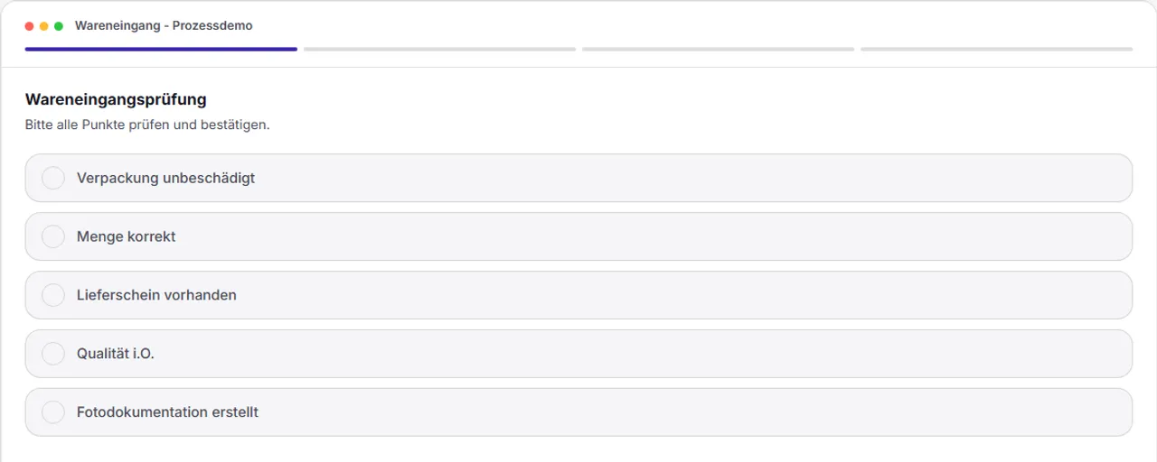 Beispiel-Screenshot einer digitalen Wareneingangsprüfung mit Checkliste